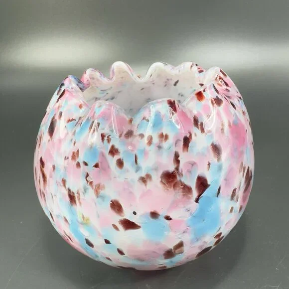 Czech Art Glass Rose Bowl Dish Hand Blown Multicolor Spots Bowl Ruffled‎ Edges - Picture 5 of 14